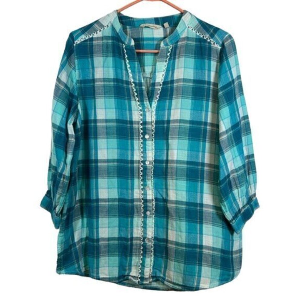Soft Surroundings Plaid Button Down Shirt Blue White Sun Soaked Size Large EUC
